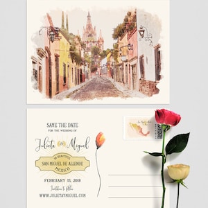 Faire-part de mariage à destination du Mexique San Miguel de Allende réservez la date cartes postales illustration aquarelle d'église - Paiement de l'acompte