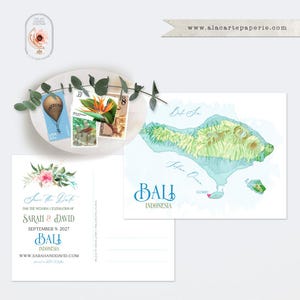 Bali Indonesia Asian Destination Wedding Tropical Save the Date Postcard Watercolor Illustrated Wedding Invitation Card - PRINTED or DIGITAL