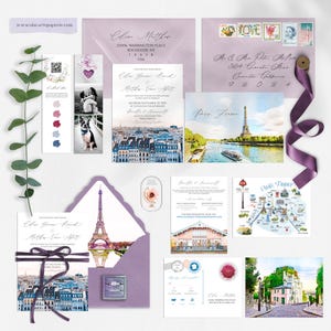 Paris France Watercolor Illustrated Destination wedding invitation set Parisian Wedding European wedding Deposit Payment