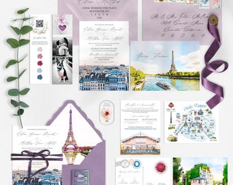 Paris Wedding Invitations, France Watercolor Eiffel Tower Wedding Suite