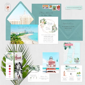 Florida Miami Beach Destination Wedding Invitation Watercolor Illustrated Tropical Wedding Invitation Set - DEPOSIT PAYMENT