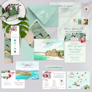 Okinawa Japan Asia Japanese Style Wedding Invitations Watercolor Illustrated Destination Wedding Invites Tropical Pacific  - Deposit Payment