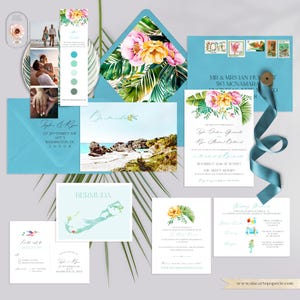Convite de casamento de destino tropical das Bermudas Conjunto de convites de casamento ilustrados em aquarela de ilha caribenha na praia - Pagamento de depósito