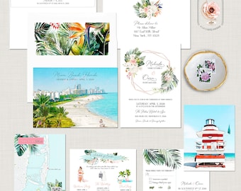 Florida Miami Beach Destination Wedding Invitation Watercolor Illustrated Tropical Wedding Invitation Set - DEPOSIT PAYMENT