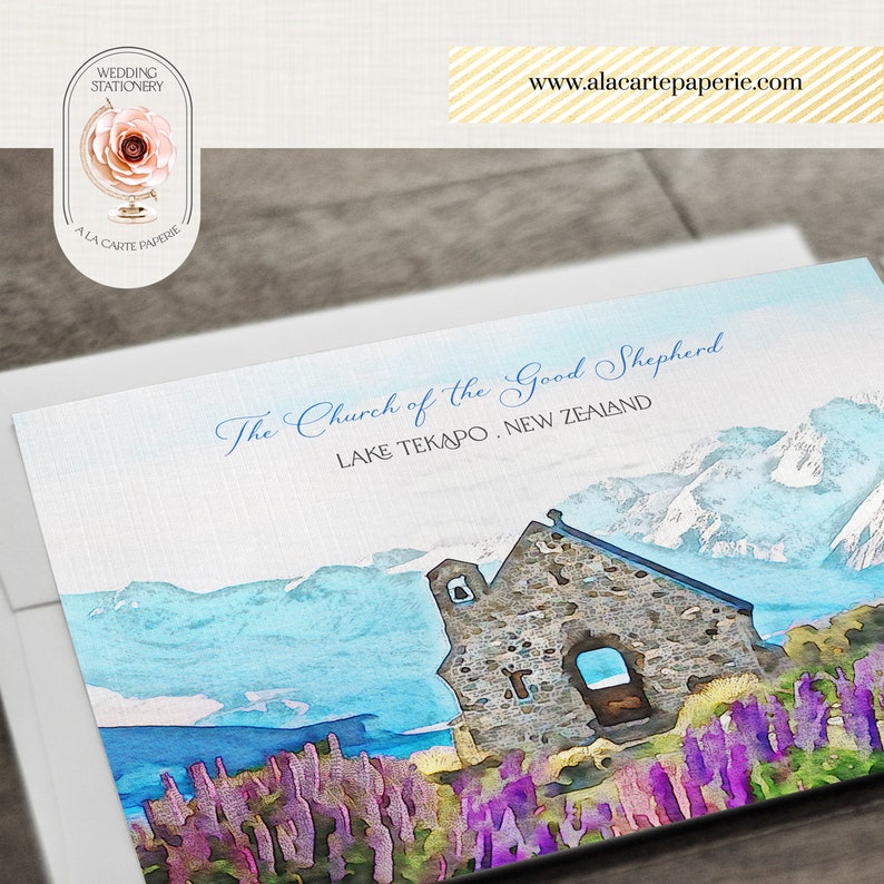 New Zealand Lake Tekapo Watercolor Illustrated Destination Wedding Invitation South Island Set Deposit Payment image 4