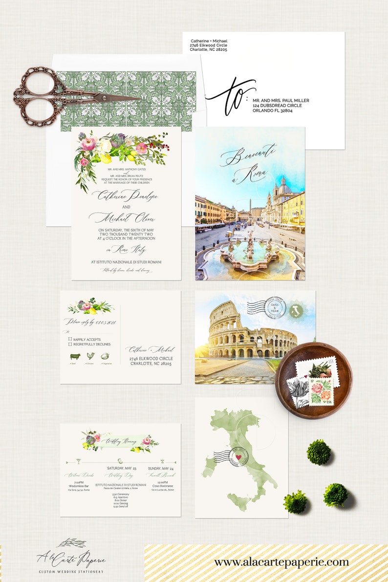 Deposit Payment Rome Italy Destination Wedding Invitation Roma Italian watercolor illustrated wedding invitation Navona Colosseum