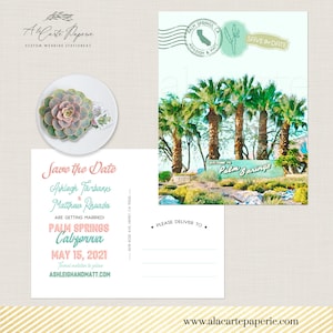 Convite para casamento em Palm Springs, Califórnia, EUA, cartão postal Save the Date, cartão de casamento ilustrado com cacto do deserto, depósito e pagamento