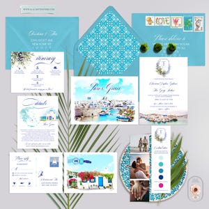 Paros Greece Destination Wedding Invitation Greek Island Invitation Suite European wedding illustrated invitation set -Deposit Payment