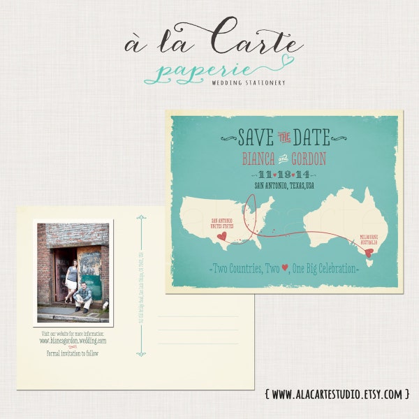 Save the Date Postcard Destination Two Countries, Two Hearts, One Big Celebration bilingual wedding invitation DEPOSIT PAYMENT
