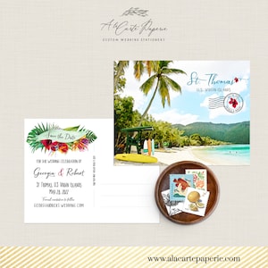 Tarjeta de invitación de boda ilustrada con acuarela del Caribe para reservar la fecha en las Islas Vírgenes de los Estados Unidos en St. Thomas - Pago del depósito
