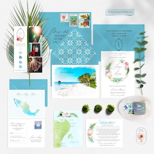 Mexico Riviera Maya Akumal Playa del Carmen Tulum Cancun Destination wedding invitation with watercolor illustrations Map - Deposit Payment