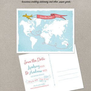 Destination wedding World map International couple bilingual wedding Save the Date Card Airplane with Banner USA Australia DEPOSIT PAYMENT