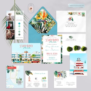 Florida Miami South Beach Destination Wedding Invitation Watercolor Illustrated Tropical Wedding Invitation Set - DEPOSIT PAYMENT