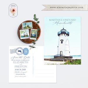 Martha's Vineyard MA Massachusetts Destino ilustrado casamento aquarela salve a data cartão postal farol costeiro - Pagamento de depósito