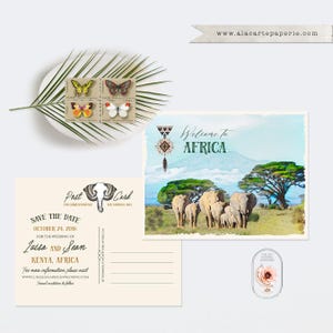 Casamento no Safari Africano Reserve a data Quênia Tanzânia Zoológico Rústico Convite vintage ilustrado Elefantes - Pagamento de depósito