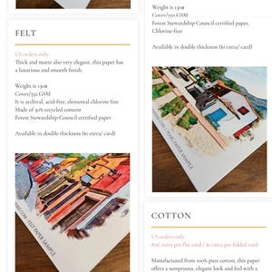 May include: A product information sheet for stationery papers including Linen, Pearl, Felt, and Cotton varieties. The document displays text descriptions, paper weights of 130# or 118 lb, and sample images of watercolor illustrations printed on each paper type.