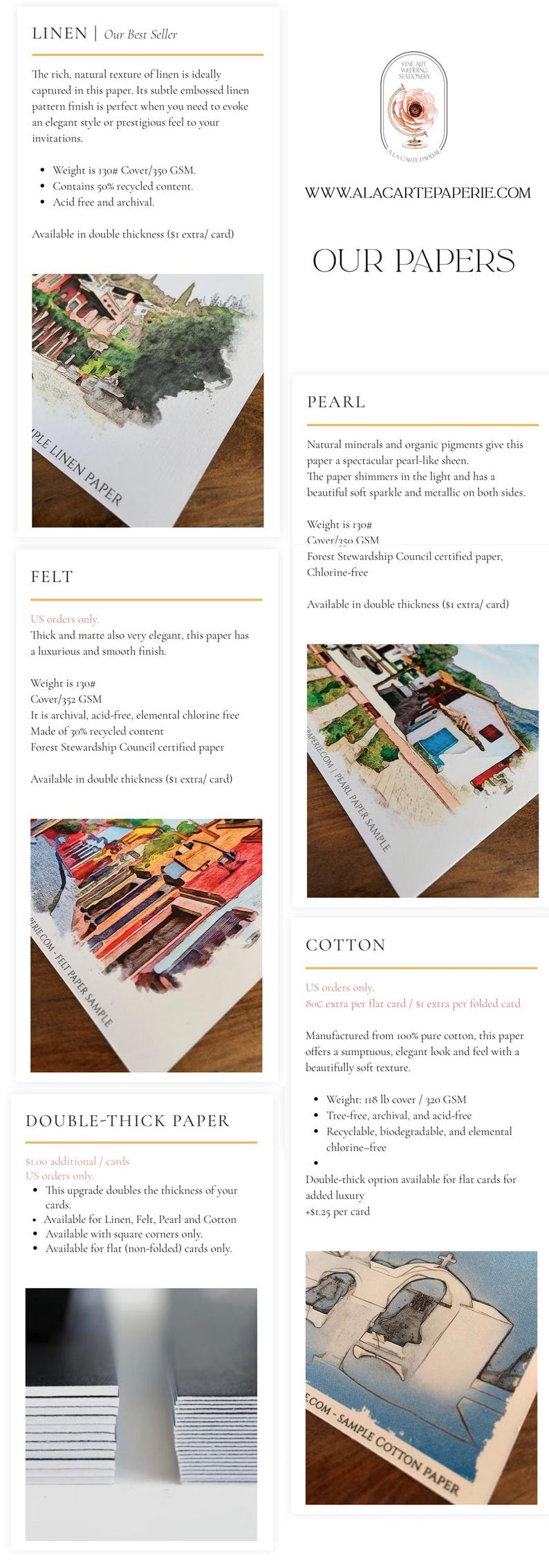 May include: A product information sheet for stationery papers including Linen, Pearl, Felt, and Cotton varieties. The document displays text descriptions, paper weights of 130# or 118 lb, and sample images of watercolor illustrations printed on each paper type.