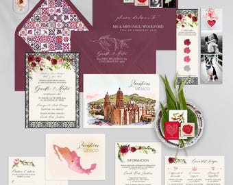 May include: A wedding stationery suite featuring burgundy envelopes with patterned liners, a watercolour illustration of a cathedral in Zacatecas, a map of Mexico, floral accents, and printed cards with calligraphy text detailing event information.