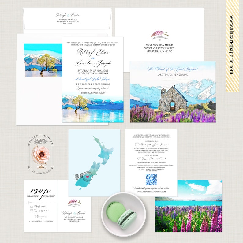 New Zealand Lake Tekapo Watercolor Illustrated Destination Wedding Invitation South Island Set Deposit Payment image 1