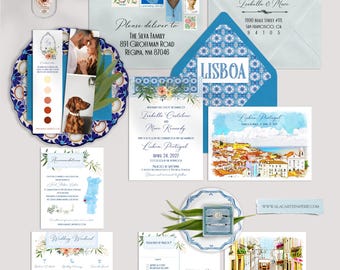 DEPOSIT for PRINTED Lisbon Portugal European Destination Wedding iInvitation Watercolor Illustrated Lisboa Portuguese Wedding Invites