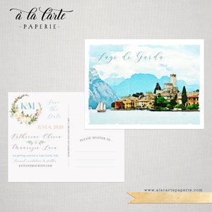 Lago de Garda Itália aquarela Convite ilustrado para casamento no destino Salve a data cartão postal - Pagamento de depósito