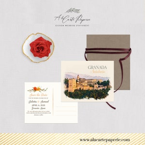 Granada Andalusia Spagna Matrimonio spagnolo salva la data cartoline con illustrazione ad acquerello di Alhambra - Pagamento del deposito