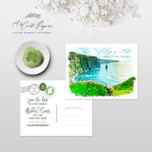 Cartão postal Save the Date para casamento no destino na Irlanda Penhascos de Moher Aquarela de casamento irlandês Convite de casamento ilustrado - PAGAMENTO DE DEPÓSITO