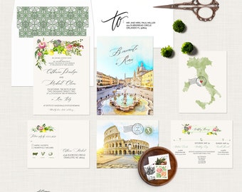 Rome Italy Destination Wedding Invitation Roma Italian watercolor illustrated wedding invitation Navona Colosseum - Deposit Payment