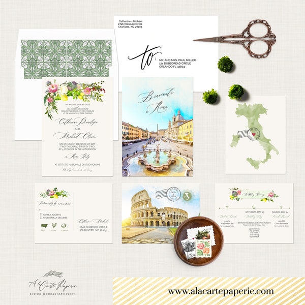 Rome Italie Destination Wedding Invitation Roma Italien aquarelle illustrée invitation de mariage Navona Colosseum - Paiement de dépôt