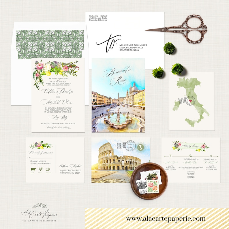 Deposit Payment Rome Italy Destination Wedding Invitation Roma Italian watercolor illustrated wedding invitation Navona Colosseum