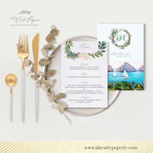 Menu de mariage Cabo San Lucas Los Cabos, Mexique aquarelle illustrée Menu de mariage à destination Mariage mexicain succulentes - Paiement de l'acompte