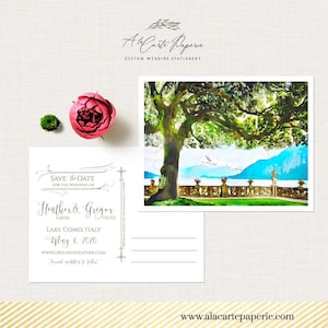 Casamento no destino Lago de Como Itália Cartão postal ilustrado em aquarela para salvar a data Casamento italiano em Como - Pagamento de depósito