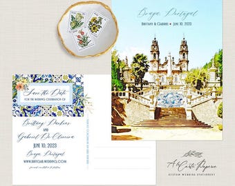 Portugal Braga Destination Wedding Save the date Postcard Watercolor Illustration European wedding invitation - Deposit Payment