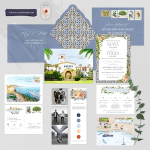 Santa Barbara CA California Destination wedding invitation set watercolor illustrated California beach invitation Deposit Payment