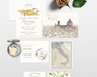 Tuscany Florence Italy Destination wedding invitation White florals watercolor Illustrated Wedding Invitation Suite Deposit Payment