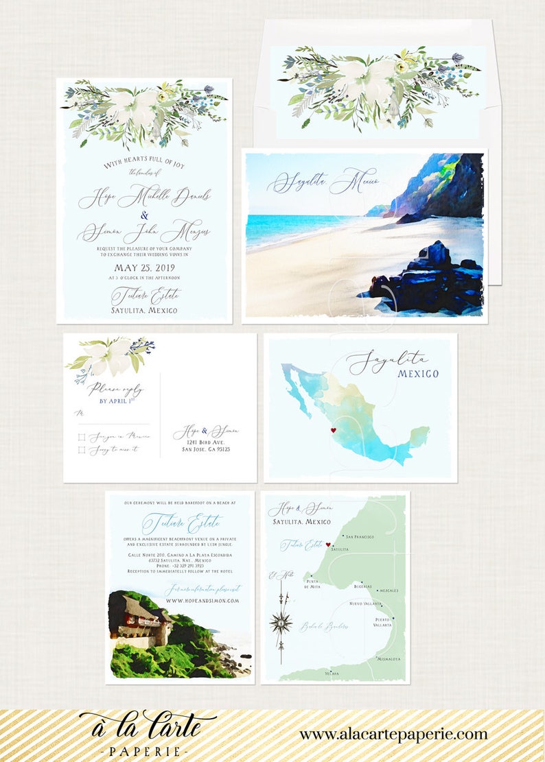 Deposit Payment Mexico Sayulita Destination wedding invitation Mexican illustrated watercolor floral blue green beach set