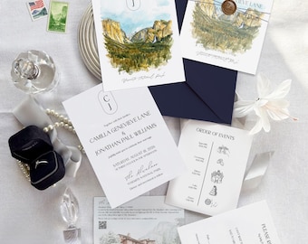 Yosemite National Park Watercolor Wedding Invitation Suite (Printed)