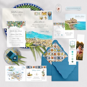 Sicily Catania Italy Italian Sicilian Destination wedding invitation set watercolor illustration and illustrated Sicily map Deposit Payment