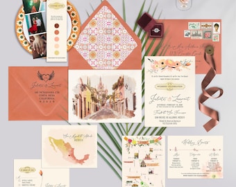 San Miguel de Allende Wedding Invitation: Illustrated Floral Terracotta Design DEPOSIT for PRINTED invitations