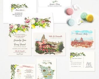 Florence Villa Le Fontanelle Italy watercolor illustrated wedding invitation set Destination wedding florals European - Deposit Payment