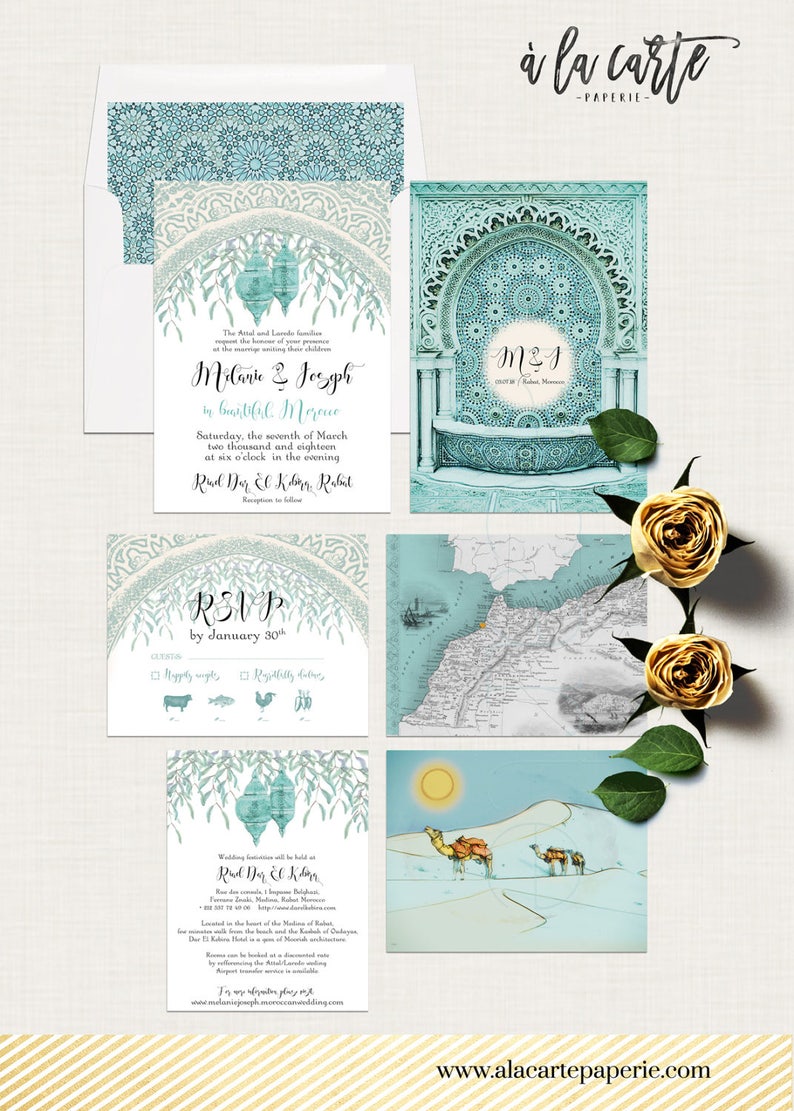 Moroccan-Themed Arabian Desert Wedding Invitations in Turquoise and Teal