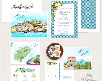 Ibiza Spain watercolor illustrated destination wedding invitation set European island wedding -Deposit Payment