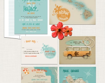 Hawaii Beach Destination wedding invitation illustrated wedding invitation Maui Retro Bus Surfboard bilingual wedding Deposit Payment