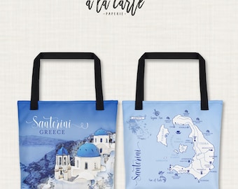 Santorini Greece Greek Island Custom Illustrated Tote Bag Destination wedding guest gift - all over printed shopping bag