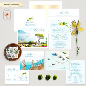 Ravello Amalfi Coast Italy Watercolor Illustrated Destination Wedding Invitation Set with Bay Of Naples Amalfi Coast Map Deposit Payment