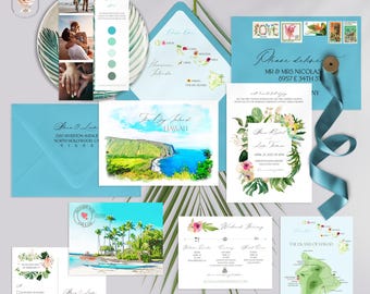 Hawaii Destination Wedding Invitation Suite: Watercolor Illustrated Hawaii Islands (Printed)