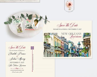New Orleans Watercolor Save the Date Postcards - French Quarter Jazz