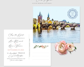 Prague Czech Republic Eastern Europe Destination wedding Watercolor Illustrated  save the date postcards - DEPOSIT PAYMENT