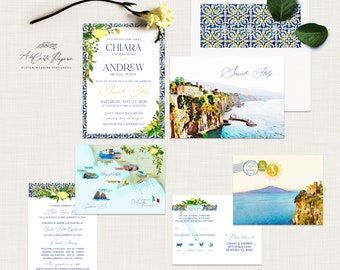 Sorrente Côte Amalfitaine Destination invitation de mariage Italie citron bleu jaune aquarelle bilingue Invitation illustrée Paiement de dépôt