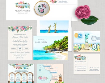 Mexico Puerto Vallarta Destination wedding invitation Traditional Mexican watercolor illustrated floral blush pink blue -  Deposit Payment